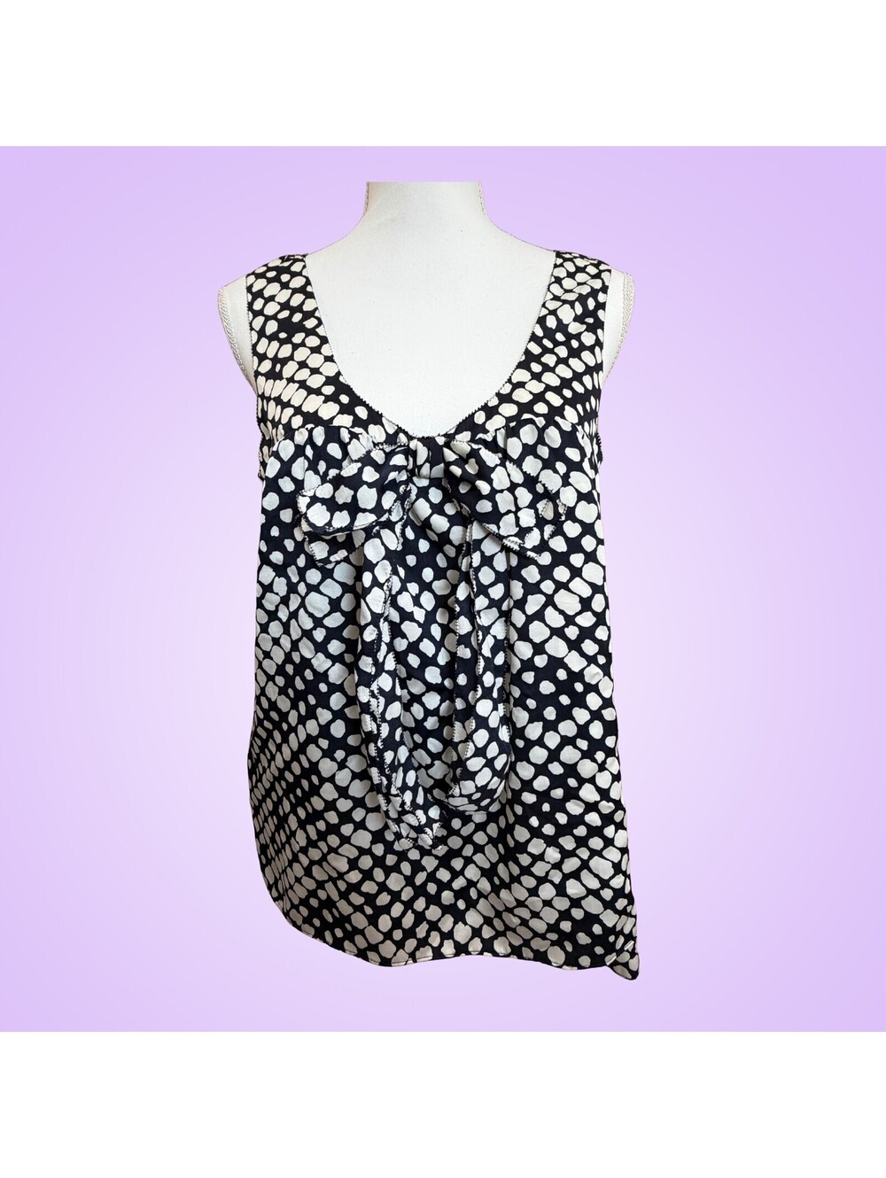 Ann Taylor LOFT Womens Medium NWT Navy White Print Bow Front Babydoll Blouse Top